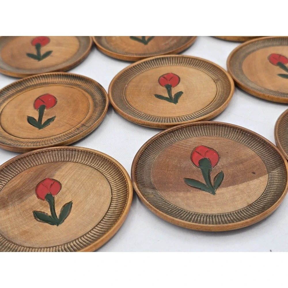 Vtg 12 Coaster Set with Holder Occupied Japan‎ Wood With Carved Flower Bud